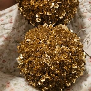 Set Of 2 Gold Sequin Decorative Balls 3"